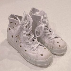 Superga high top girls white sneakers with gold star design and side zippers